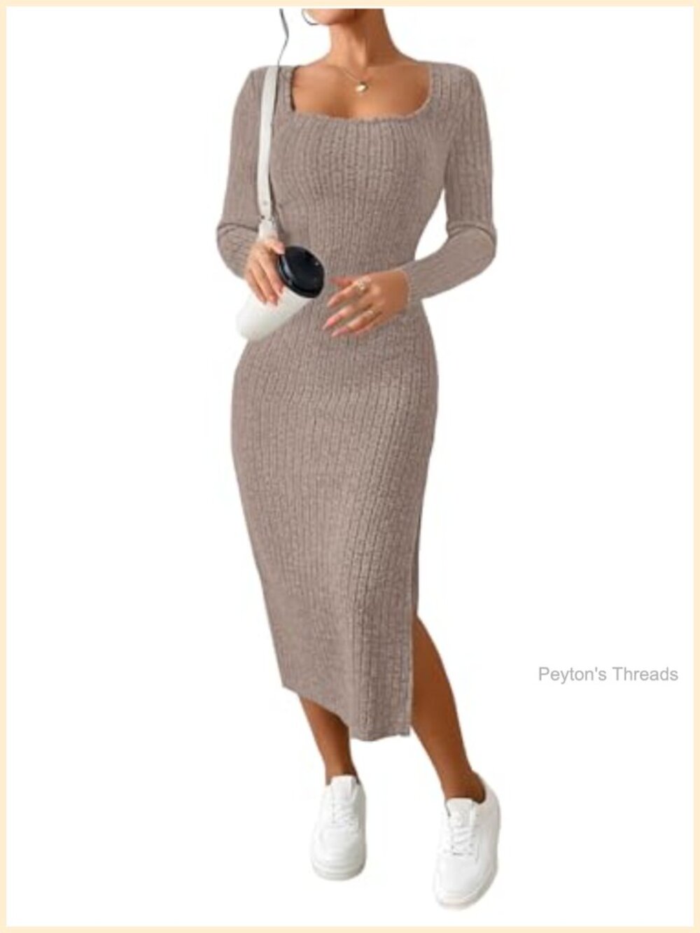 Womens Fall Midi Square Neck Knit Slit Bodycon Dress Casual